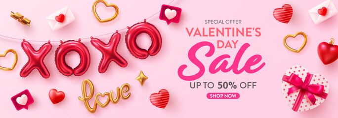 Valentine's day Sale poster and banner template with the XOXO Balloon and Heart Shaped Gift Box.Vector of Valentine's day poster or banner.Greetings and presents for love or Valentine concept.