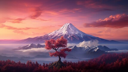 Majestic Serenity: A Breathtaking Scene of Snow-Capped Mountain Peaks Bathed in the Ethereal Glow...