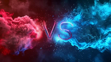 Fotobehang Versus Battle. MMA concept - Fight night, MMA, boxing, wrestling, Thai boxing. VS collision of letters with sparks and glow on a red-blue flame background © YuDwi Studio