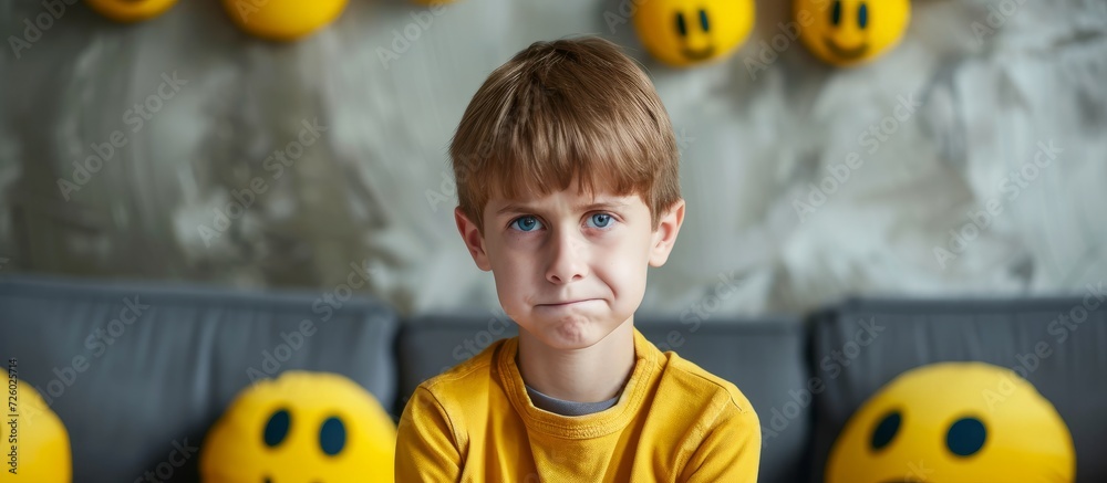 Wall mural Uncertain boy displaying emoji on a high-quality picture