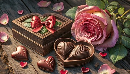 Rose rouge / rose et boite de chocolats, image romantique de Saint Valentin. - obrazy, fototapety, plakaty