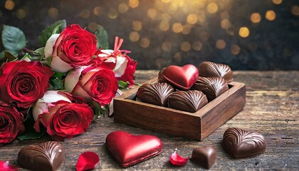 Bouquet de roses rouges et boite de chocolats, image romantique de Saint Valentin. - obrazy, fototapety, plakaty