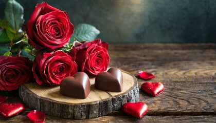 Bouquet de roses rouges et quelques chocolats, image romantique de Saint Valentin. - obrazy, fototapety, plakaty