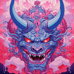 A depiction of a demonic face mask rooted in Japanese culture, symbolizing traditional beliefs and folklore, blending elements of mysticism and spirituality, Created using generative AI tools