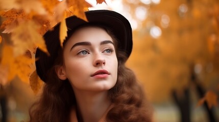 Portrait of Woman in Autumn Park wearing Black Hat. Vintage/Retro Style. 

