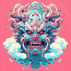 A depiction of a demonic face mask rooted in Japanese culture, symbolizing traditional beliefs and folklore, blending elements of mysticism and spirituality, Created using generative AI tools