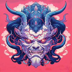 A depiction of a demonic face mask rooted in Japanese culture, symbolizing traditional beliefs and folklore, blending elements of mysticism and spirituality, Created using generative AI tools