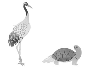 Naklejka premium 水墨画風の鶴と亀のイラスト 
