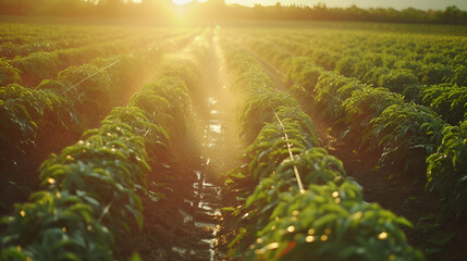 Water sprinkler irrigation on potato plants with the sunrise creating a backlight - Powered by Adobe