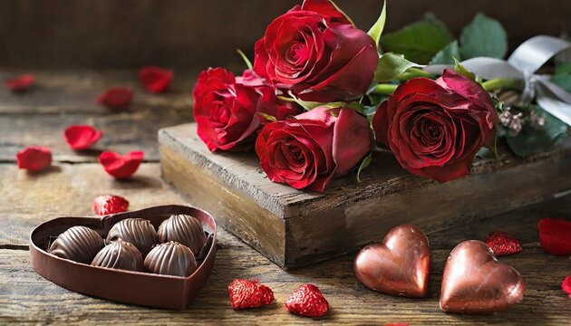 Bouquet de roses rouges et boite de chocolats, image romantique de Saint Valentin ou demande en mariage