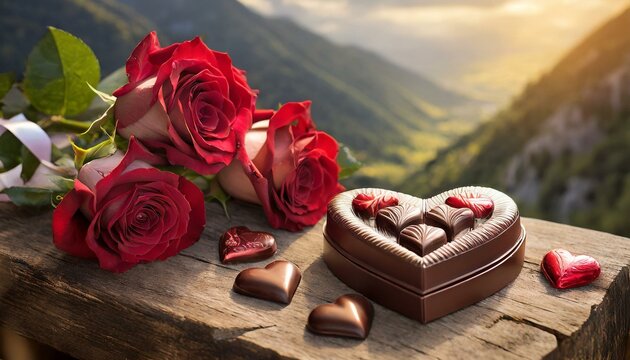 Bouquet de roses rouges et boite de chocolats, image romantique de Saint Valentin ou demande en mariage, sur un balcon avec un paysage en arri&egrave;re-plan