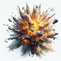 Explosion with pieces of rock isolated on white background