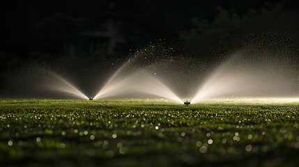 Sprinklers watering grass at night, droplets illuminated by backlight creating a serene scene.