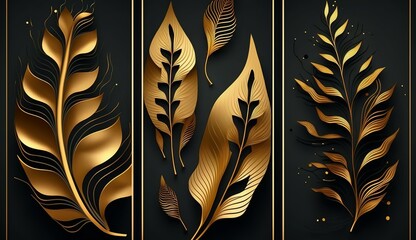 Luxurious dark abstract art background with a set of leaves in golden art line style. Animalistic banner for decoration, print, wallpaper, poster, textile, interior design