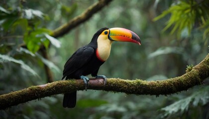 A beautiful exotic toucan sitting on a branch in a tropical forest. Looking at the camera. A perfect portrait of a wild animal. Tropical birds concept 