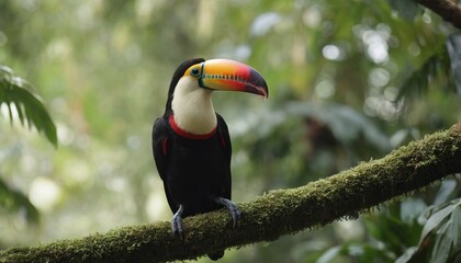 Naklejka premium A beautiful exotic toucan sitting on a branch in a tropical forest. Looking at the camera. A perfect portrait of a wild animal. Tropical birds concept 