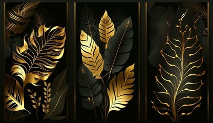 Luxurious dark abstract art background with a set of leaves in golden art line style. Animalistic banner for decoration, print, wallpaper, poster, textile, interior design