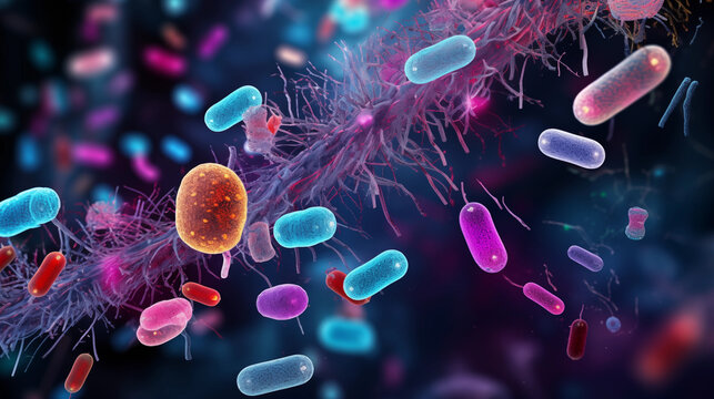 Colorful 3D illustration of diverse bacteria and microorganisms.