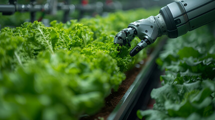 robotic arm carefully tending to lettuce in an indoor vertical farming system