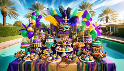 Fototapeta premium Vibrant Mardi Gras Dessert Table Spread Under Tropical Palms