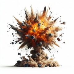 Explosion with pieces of rock isolated on white background