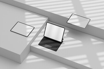 3d tablet mockup with white screen and minimal background