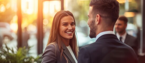 Two different young professionals in formal clothing talking about the task at work with happiness.