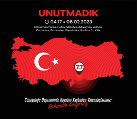 6 Subat 2023 Turkiye Depremi. Unutmadik. Translation: 6 february 2023 Türkiye Earthquake. We did not forget.
