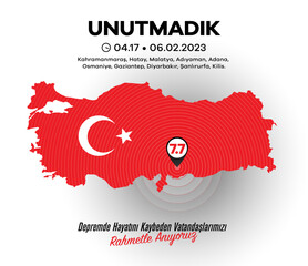6 Subat 2023 Turkiye Depremi. Unutmadik. Translation: 6 february 2023 Türkiye Earthquake. We did not forget.