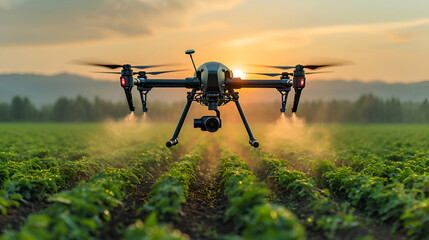 High-tech drone spraying crops in the early morning light, a modern farm scene