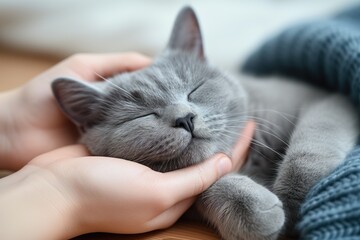 a person petting a gray cat, scottish cat