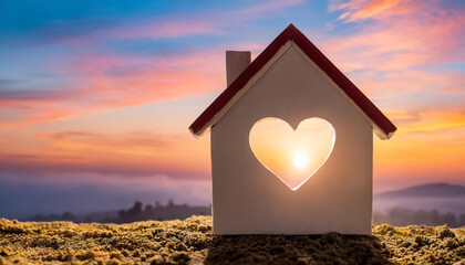 Miniature house with heart shape window on sunset background. Sweet home concept. Family warmth, love and protection