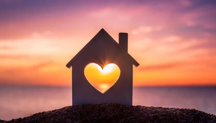 Miniature house with heart shape window on sunset background. Sweet home concept. Family warmth, love and protection