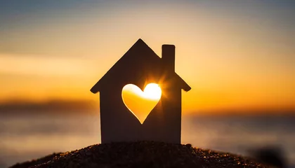 Poster Miniature house with heart shape window on sunset background. Sweet home concept. Family warmth, love and protection © alionaprof