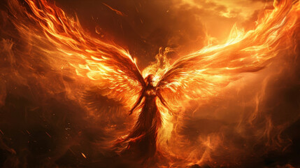 A fiery angel with wings made of jagged swirling flames and a fierce determination in their gaze.