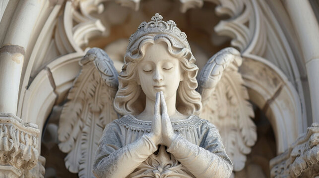With hands clasped in prayer and eyes cast downward the stone angel sentinels of a Gothic cathedral exude a sense of eternal peace and tranquility.