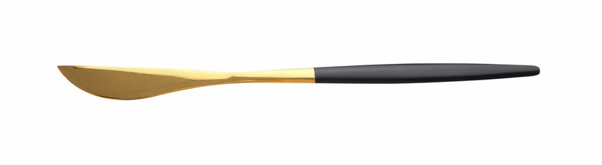 One golden knife isolated on white, top view. Piece of cutlery