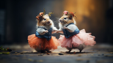 two cute hamsters dance together, wearing dresses and headdresses - 726028169
