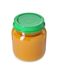 Baby food. Tasty healthy puree in jar isolated on white