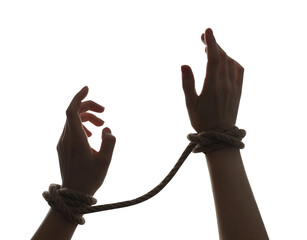 Freedom concept. Woman with tied arms on white background, closeup