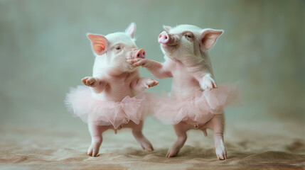 two pigs dancing in tutu, cute animal illustration, isolated - 726028360
