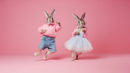 two cute rabbits dancing rock'n roll, wearing dresses, on pink background - 726028375