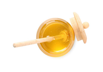 Tasty honey and dipper in glass jar isolated on white, top view