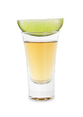 Shooter in shot glass and lime wedge isolated on white. Alcohol drink