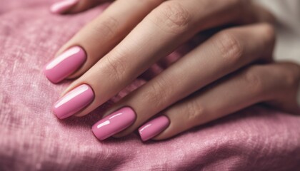 Close-up of hands with pink polished nails resting on a textured pink fabric.