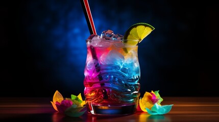 Colorful Cocktail with Lime Slice and Two Straws. Blue Haze Background.