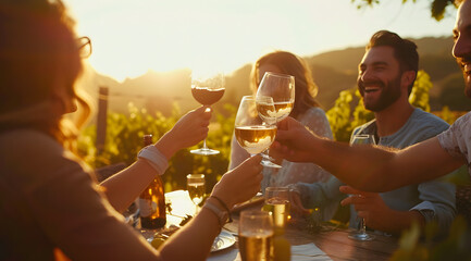 wine drinkers celebrating with wine tasting at sunset in wine country on a vineyard - obrazy, fototapety, plakaty