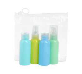 Cosmetic travel kit in plastic bag isolated on white. Bath accessories