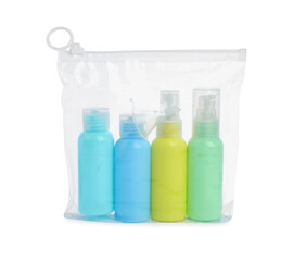 Cosmetic travel kit in plastic bag isolated on white. Bath accessories
