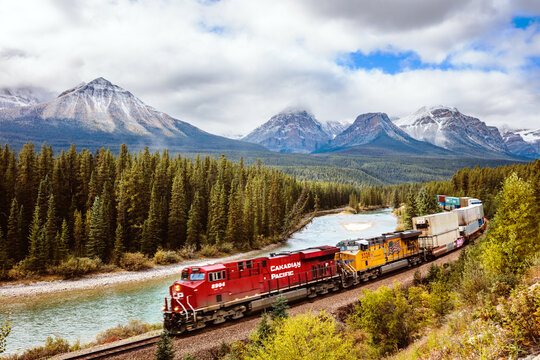 Morant's curve with cargo train passing, Banff National Park, Alberta, Canada